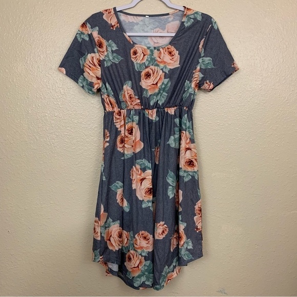 Unbranded Gray Blue Floral Print Knee Length Dress Size M - Picture 1 of 8